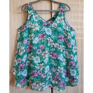 Lane Bryant Women's Top Size 14L Green Floral Swing Tank Ruffle Flattering NWT